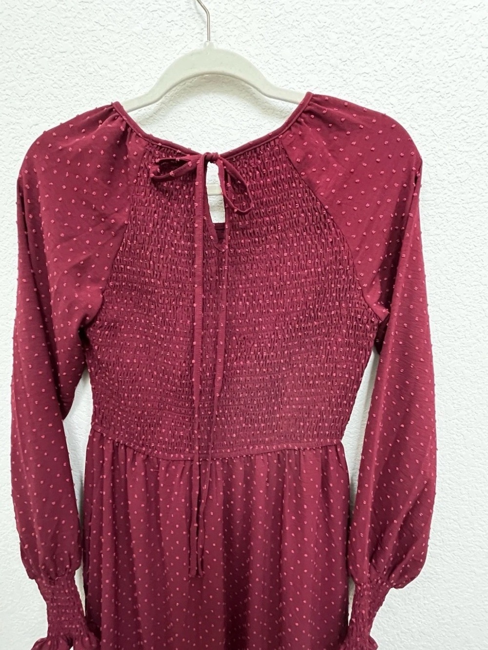 Smocked Bodice Burgundy Maxi Dress with Long Sleeves - Picture 8 of 9